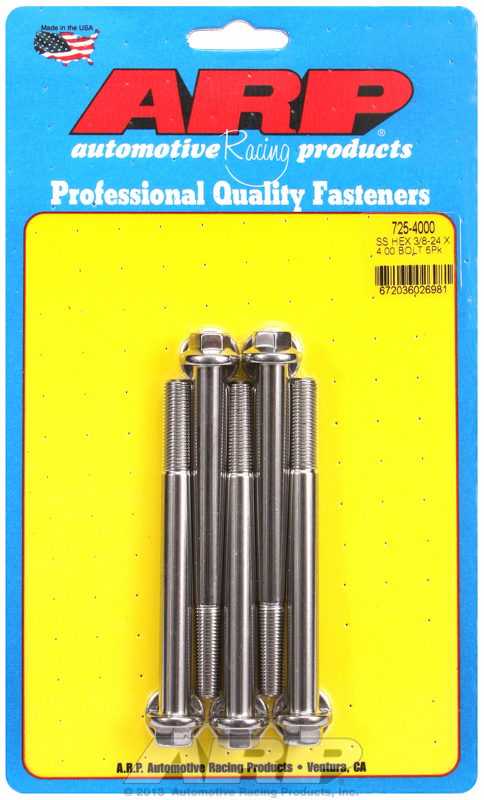 "3/8""-24 x 4.000 hex 7/16 wrenching SS bolts" (5pcs)