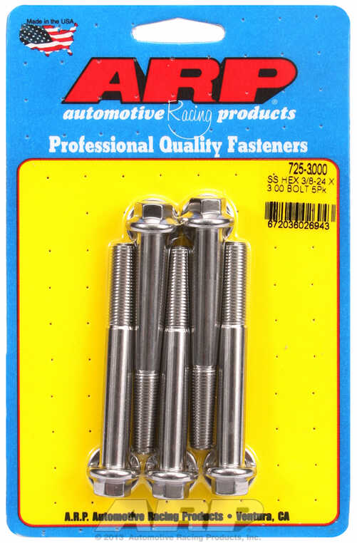 "3/8""-24 x 3.000 hex 7/16 wrenching SS bolts" (5pcs)