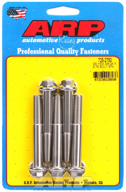 "3/8""-24 x 2.750 hex 7/16 wrenching SS bolts" (5pcs)