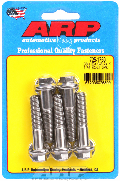 "3/8""-24 x 1.750 hex 7/16 wrenching SS bolts" (5pcs)