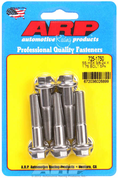 "3/8""-24 x 1.750 hex 7/16 wrenching SS bolts" (5pcs)