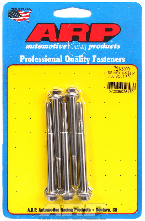 "1/4""-28 x 3.000 hex SS bolts" (5pcs)