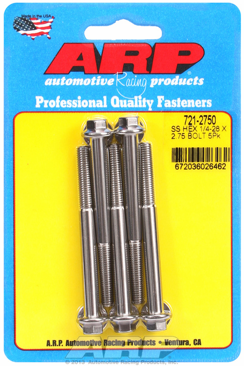 "1/4""-28 x 2.750 hex SS bolts" (5pcs)