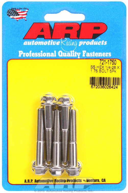 "1/4""-28 x 1.750 hex SS bolts" (5pcs)