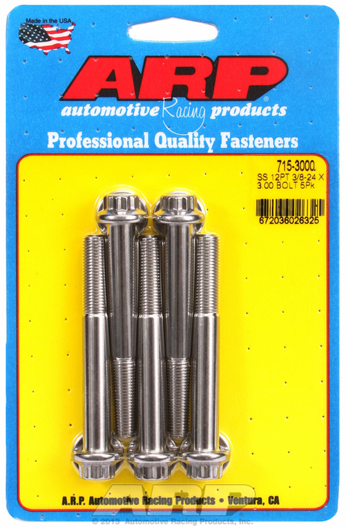 "3/8""-24 x 3.000 12pt 7/16 wrenching SS bolts" (5pcs)