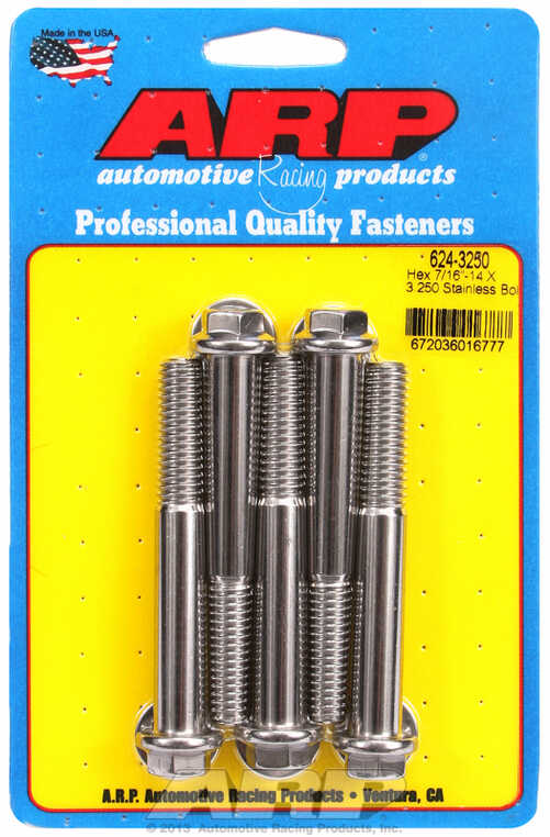 "7/16""-14 X 3.250 hex 1/2 wrenching SS bolts" (5pcs)