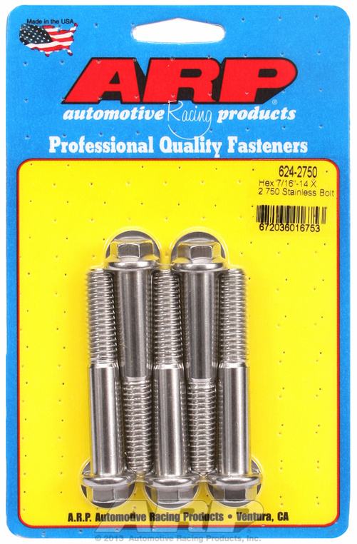 "7/16""-14 X 2.750 hex 1/2 wrenching SS bolts" (5pcs)