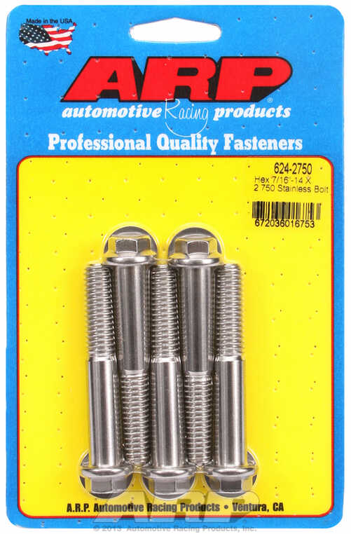 "7/16""-14 X 2.750 hex 1/2 wrenching SS bolts" (5pcs)