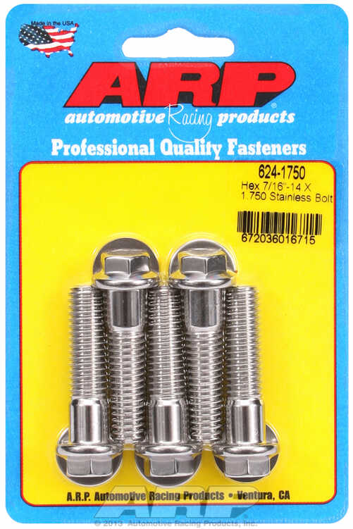 "7/16""-14 X 1.750 hex 1/2 wrenching SS bolts" (5pcs)