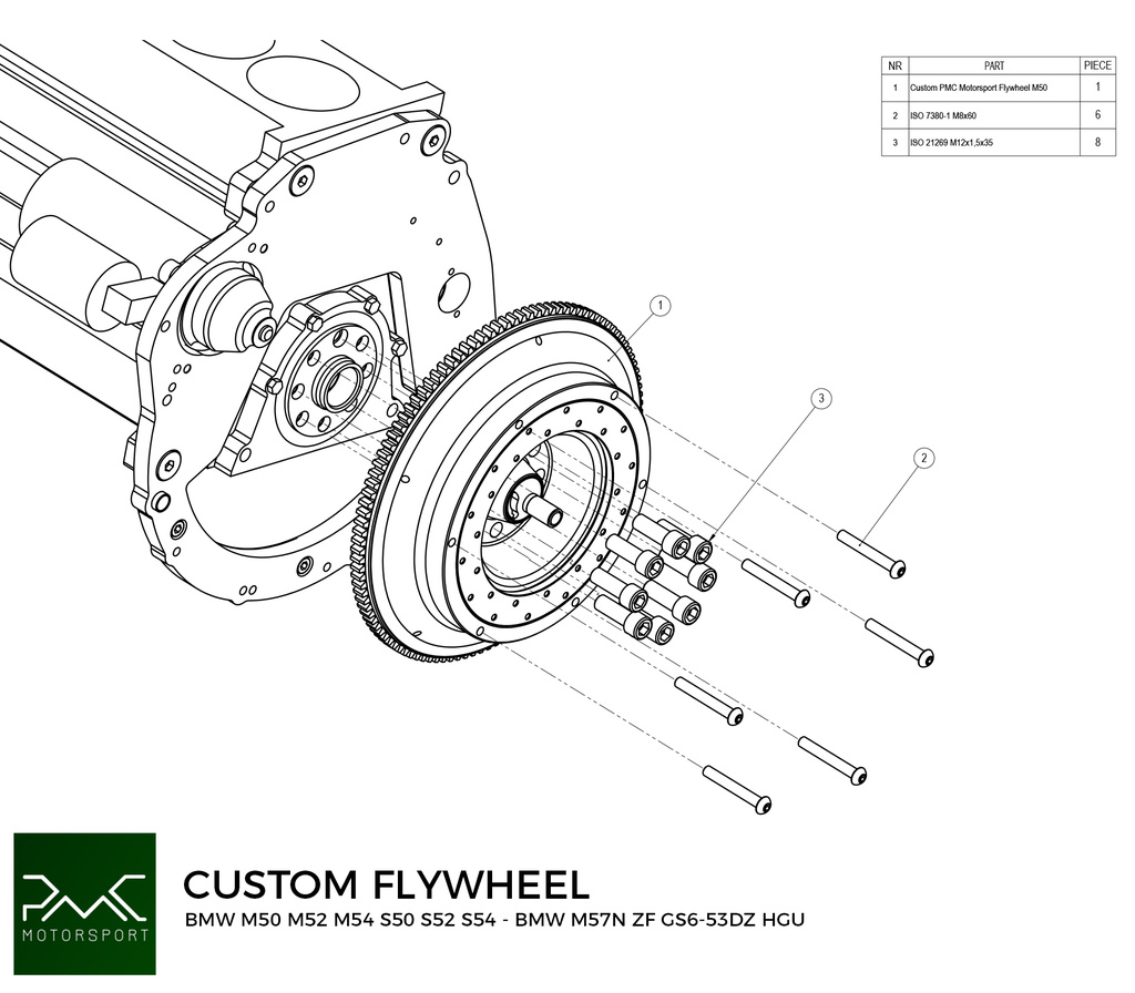 PMC Adaptersett BMW M50 M52 M54 S50 S52 S54 - BMW M57N HGU HGK - 184mm 7.25" (P) (V)