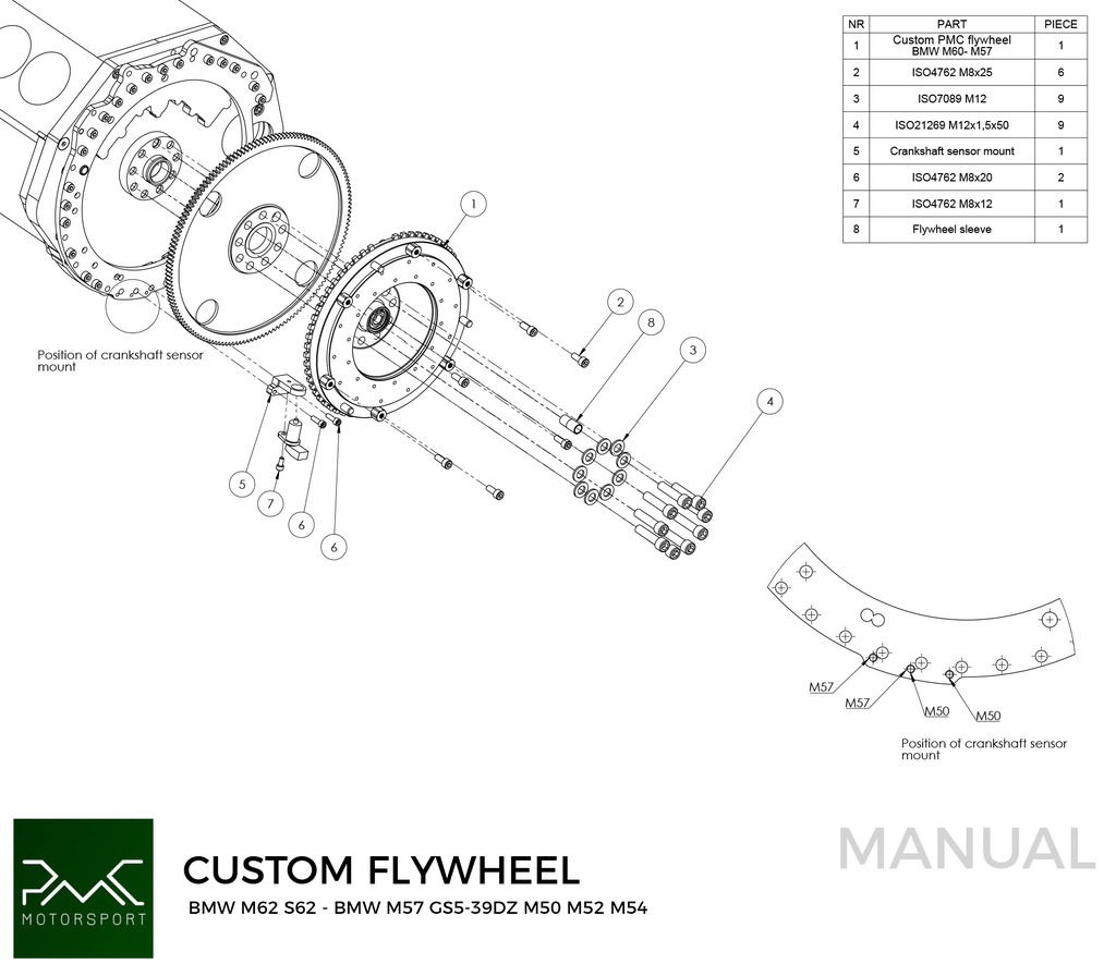 PMC Adaptersett BMW M62 S62 - BMW M57 / E46 S54 M3 - 240mm / 9.45"