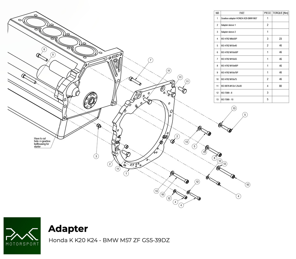 PMC Adaptersett Honda K - BMW M57 / E46 S54 M3 - 240mm / 9.45"