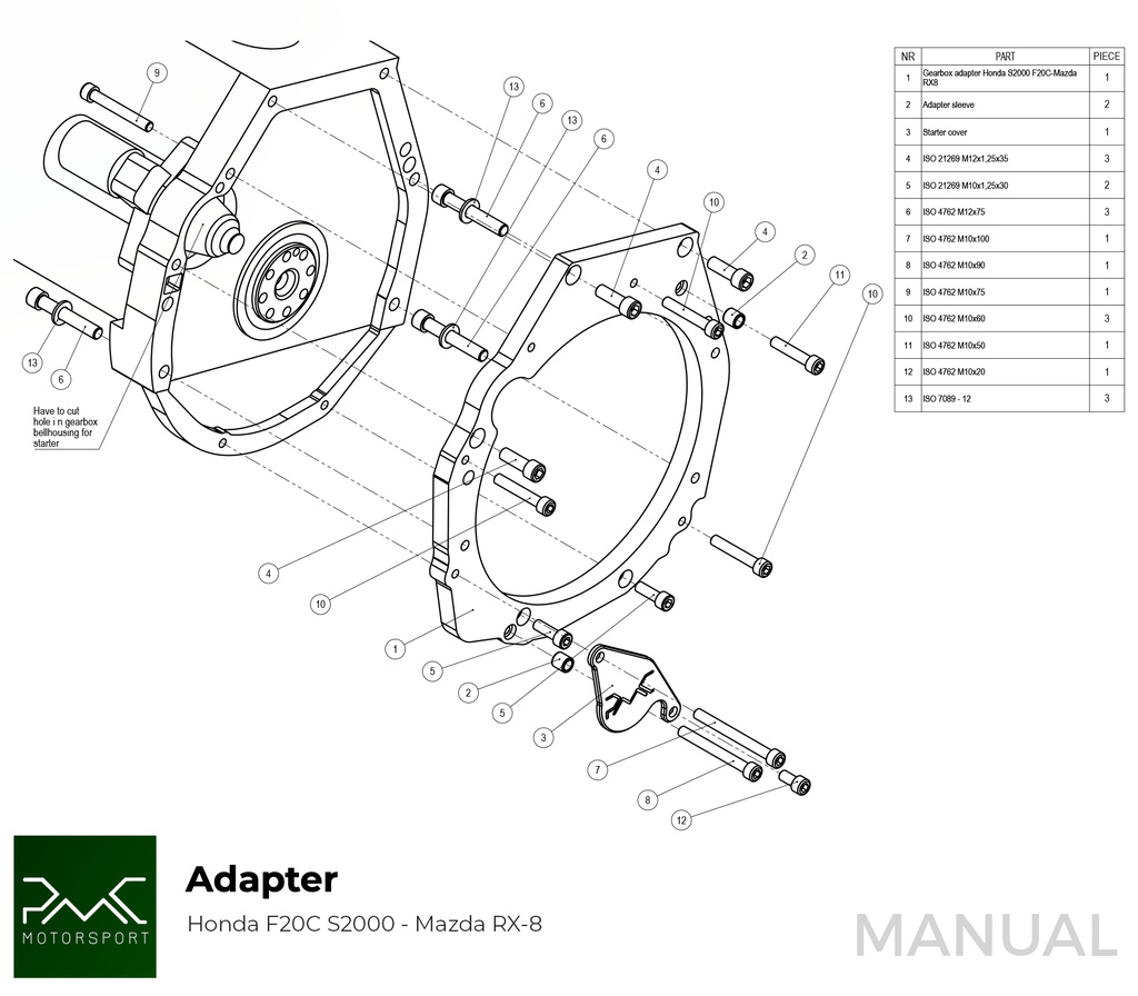 PMC Adaptersett Honda S2000 - Mazda RX-8 6-speed - 240mm / 9.45"