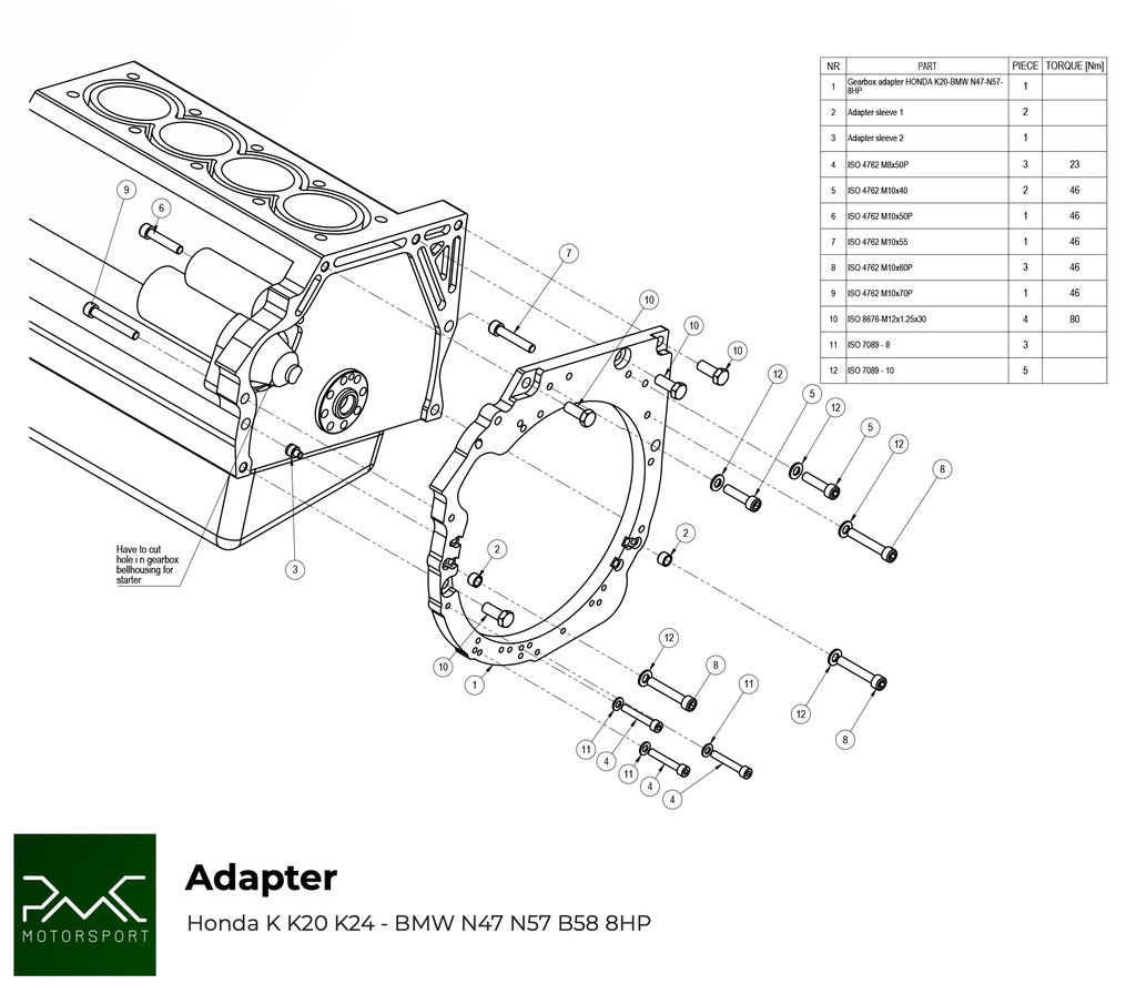 PMC Adaptersett Honda K K20 K24 - BMW ZF 8HP70 N57 N57N  / ZF 8HP50 B58