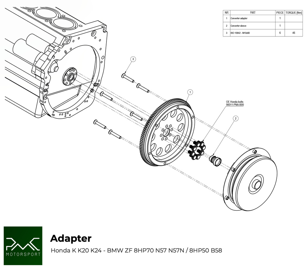 PMC Adaptersett Honda K K20 K24 - BMW ZF 8HP70 N57 N57N  / ZF 8HP50 B58