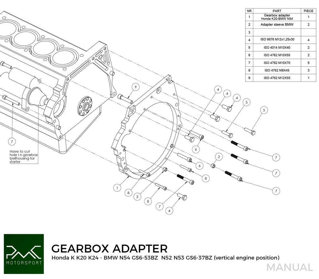 PMC Adaptersett Honda K - BMW DCT DKG Getrag GS7D36SG Inline-six (V)