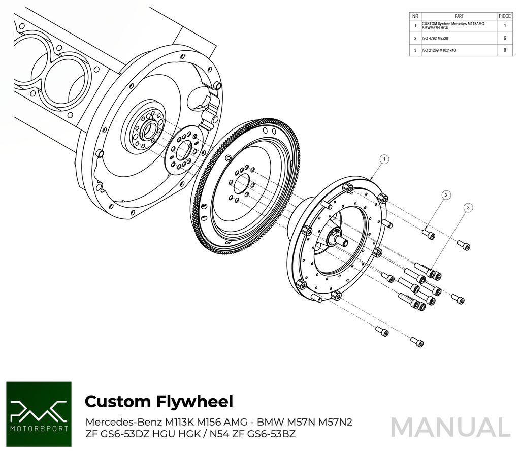 PMC Adaptersett Mercedes-Benz M113 - BMW M57N HGU HGK / N54 - 240mm / 9.45"