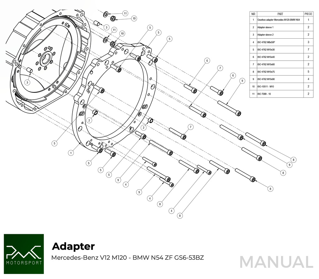 PMC Adaptersett Mercedes-Benz V12 M120 - BMW M57N HGU HGK / N54 - 240mm / 9.45"