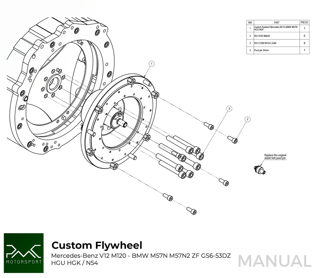 PMC Adaptersett Mercedes-Benz V12 M120 - BMW M57N HGU HGK / N54 - 240mm / 9.45"