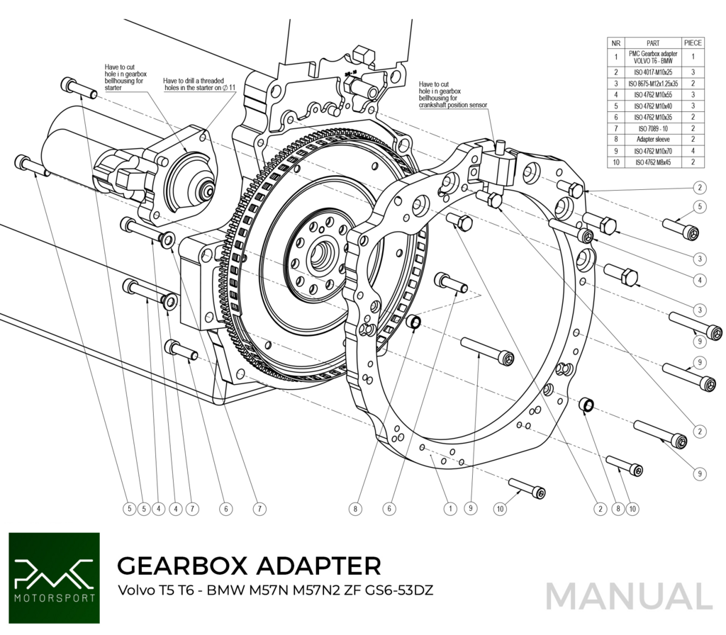 PMC Adaptersett Volvo T - BMW M57N HGU HGK / N54 - 240mm / 9.45"