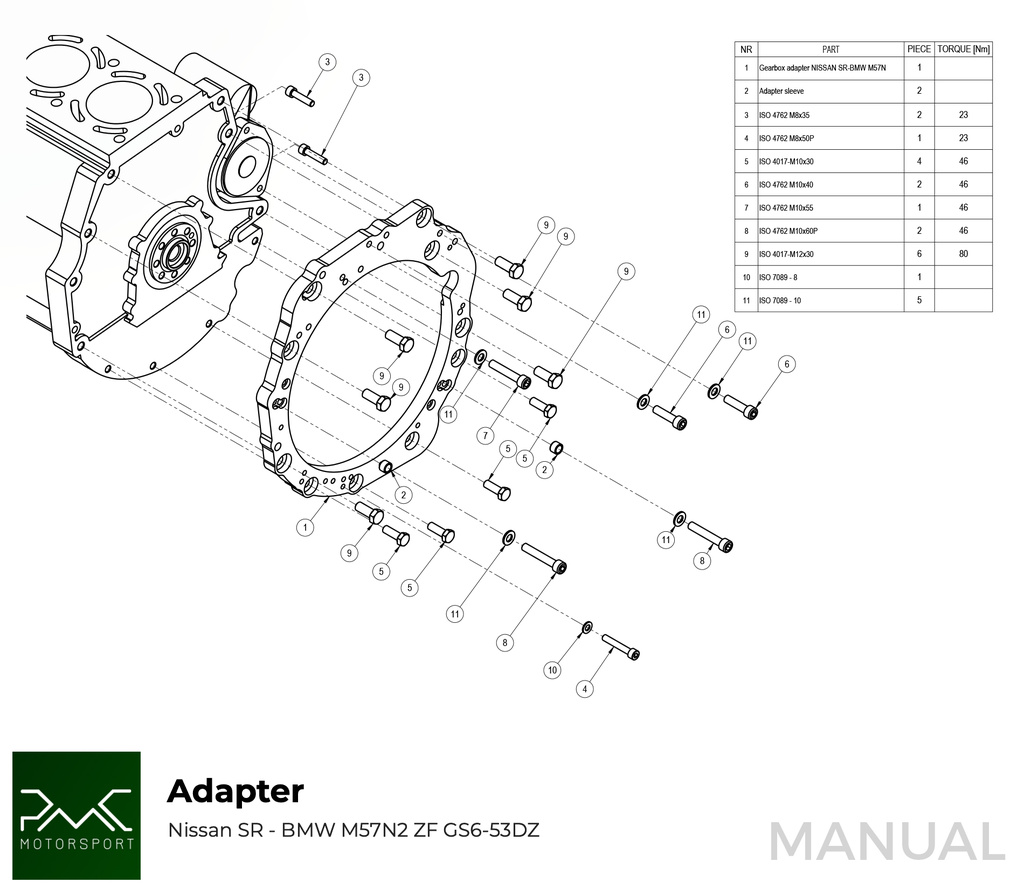 PMC Adaptersett Nissan SR - BMW M57N HGU HGK - 240mm / 9.45"