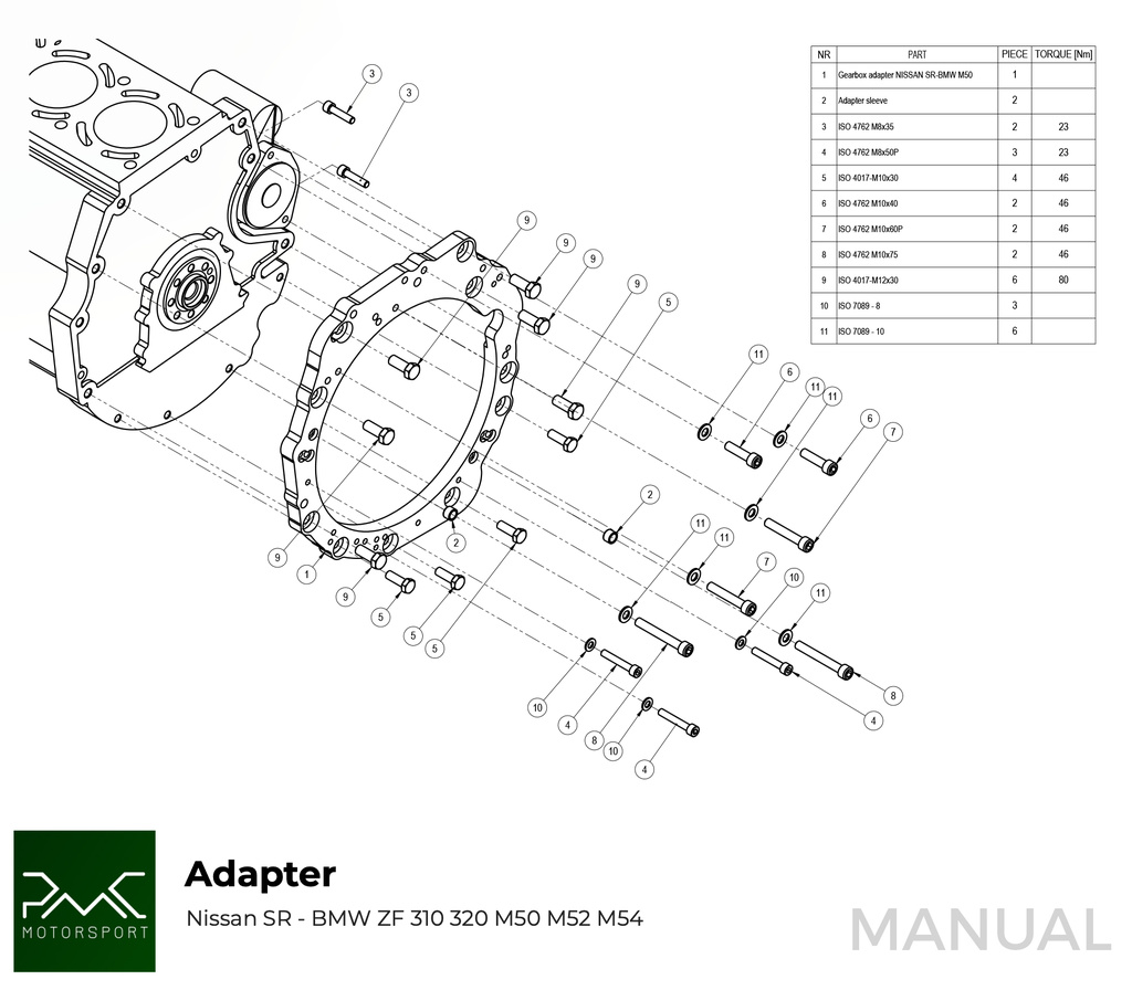 PMC Adaptersett Nissan SR - BMW M57 / E46 S54 M3 - 240mm / 9.45"