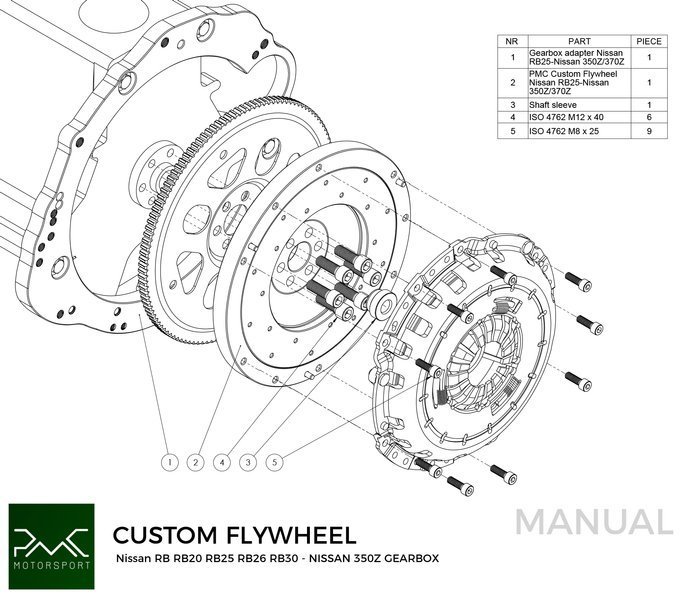 PMC Adaptersett Nissan RB - Nissan 350Z Z33 370Z Z34 - 250mm / 9.84"