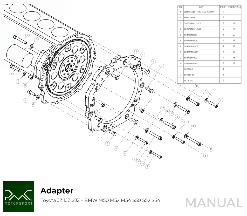 PMC Adaptersett Toyota JZ 1JZ 2JZ - BMW M50 S50 M52 S52 M54 - 184mm / 7.25"