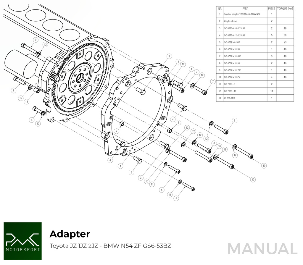 PMC Adaptersett Toyota JZ - BMW M57N HGU HGK / N54 - 240mm / 9.45"