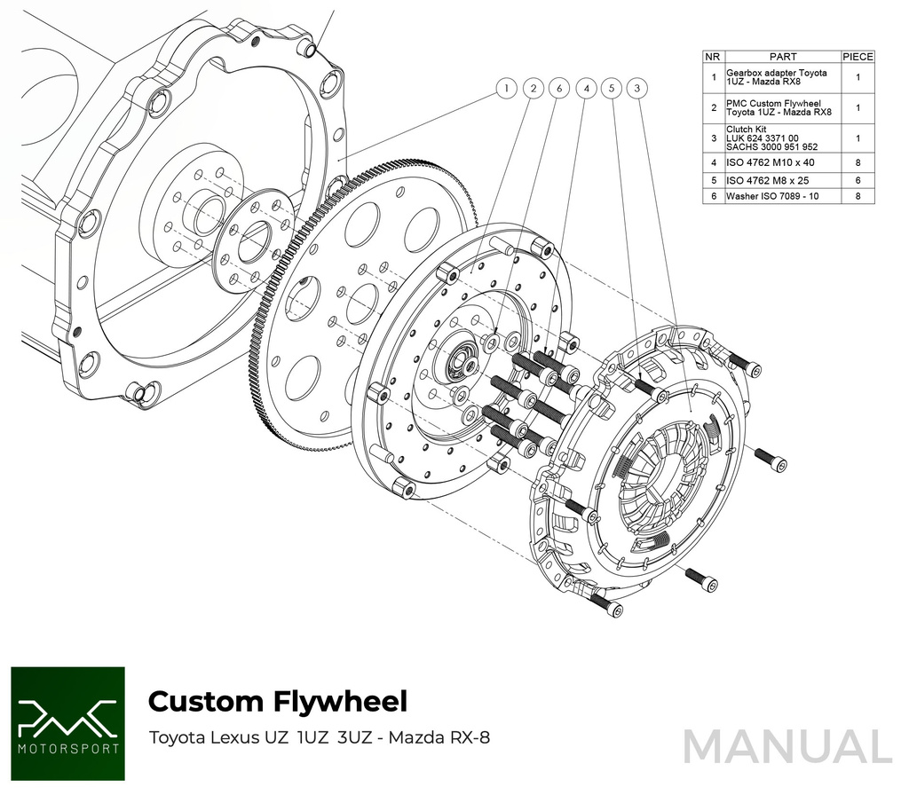 PMC Adaptersett Toyota UZ - Mazda RX-7 FD - 240mm / 9.45"