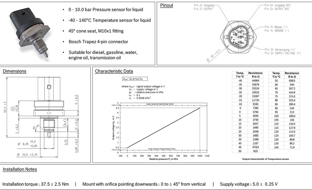 Bosch trykk- og temperatursensor (10bar / 140 °)