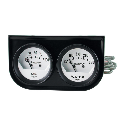 Målekonsoll, Oljetrykk/Vanntemperatur, 2-1/16", 100 Psi/280 °F, Wht Dial, Blk Bzl, Autogage