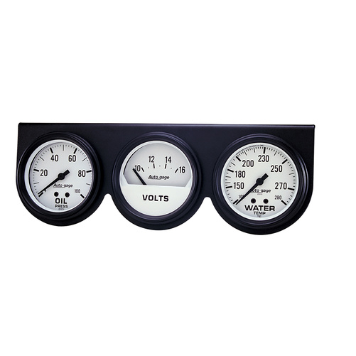 Målekonsoll, Oljetrykk/Vanntemperatur/Volt, 2-5/8", 100 Psi/280 °F/16v, Wht Dial, Blk Bzl, Ag