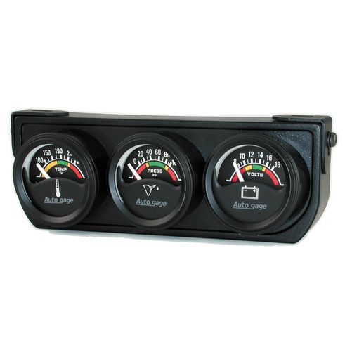 Målekonsoll, Oljetrykk/Vanntemperatur/Volt, 1.5", 100 Psi/280 °F/18v, Elec Blk Dial, Blk Bzl, Ag