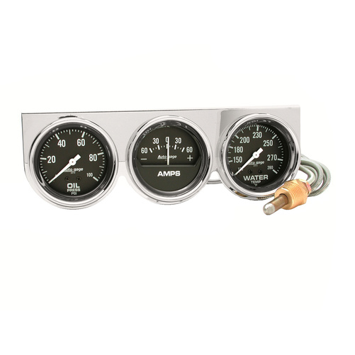 Målekonsoll, Oljetrykk/Vanntemperatur/Amp, 2-5/8", 100 Psi/280 °F/60a, Blk Dial, Chrome Bzl, Ag