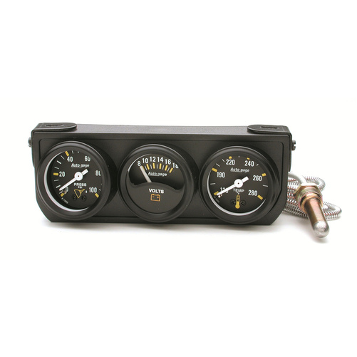 Målekonsoll, Oljetrykk/Vanntemperatur/Volt, 1.5", 100 Psi/280 °F/18v, Mech Blk Dial, Blk Bzl, Ag