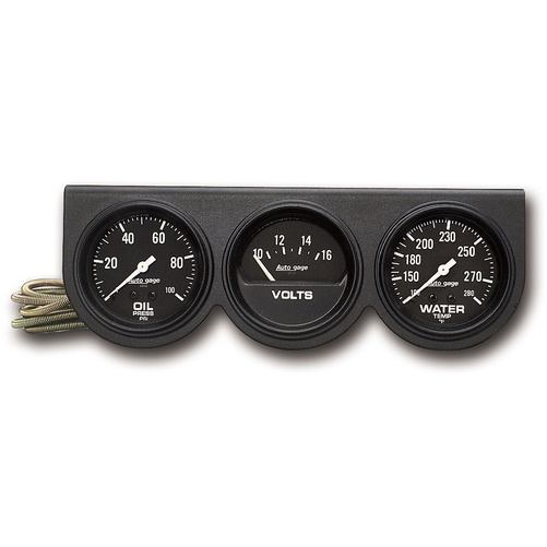 Målekonsoll, Oljetrykk/Vanntemperatur/Volt, 2-5/8", 100 Psi/280 °F/16v, Blk Dial, Blk Bzl, Ag