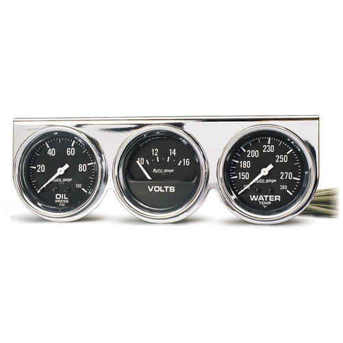 Målekonsoll, Oljetrykk/Vanntemperatur/Volt, 2-5/8", 100 Psi/280 °F/16v, Blk Dial, Chrome Bzl, Ag