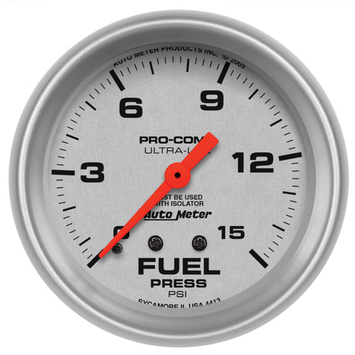 2-5/8" Fuel Pressure W/ Isolator, 0-15 Psi, Ultra-Lite