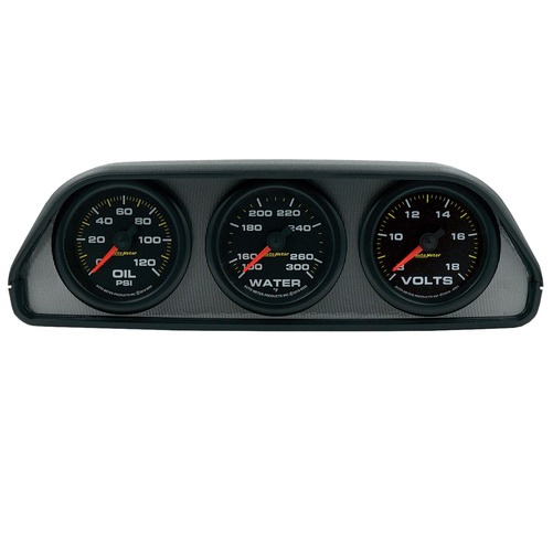 Gauge Kit, Dash Pod Mount, Oljetrykk/Vanntemperatur/Volt, 2-1/16", 100psi/300ºf/18v, Blk Dial, Blk Bzl, Eeg