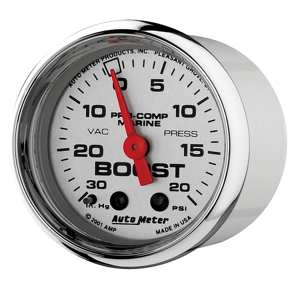 2-1/16" Vacuum/Boost, 30 In Hg/20 Psi, Marine Chrome Ultra-Lite